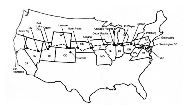 This map shows the route of the first transcontinental motorized convoy from 1919. (Image: US Army)