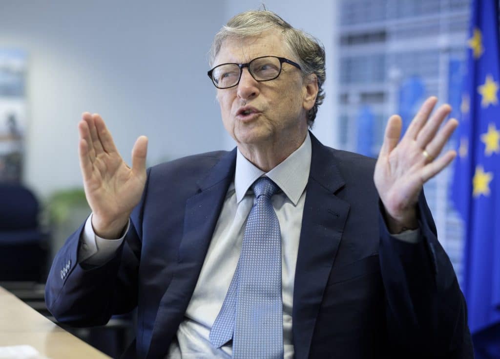 Bill Gates in October 2018 at the EU Commission headquarters in Brussels, Belgium to promote health and clean energy initiatives.  Photo by Thierry Monasse / Getty Images